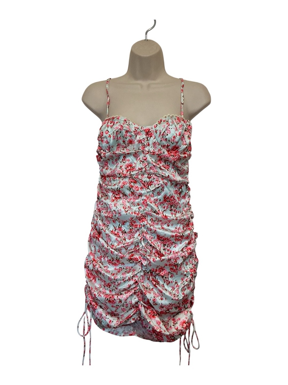 NWT O. Vianca Double Drawstring Floral Lined Dress Sweetheart Neck Ruched Size S